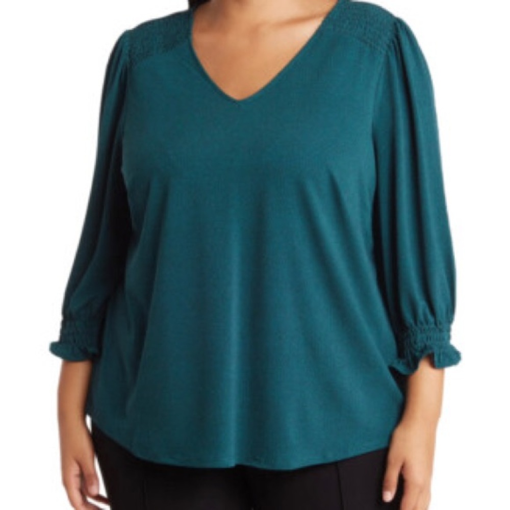Adriana Papell Women’s Smocked Sleeve Top 2X, Hunter Green, V-Neck, NWT